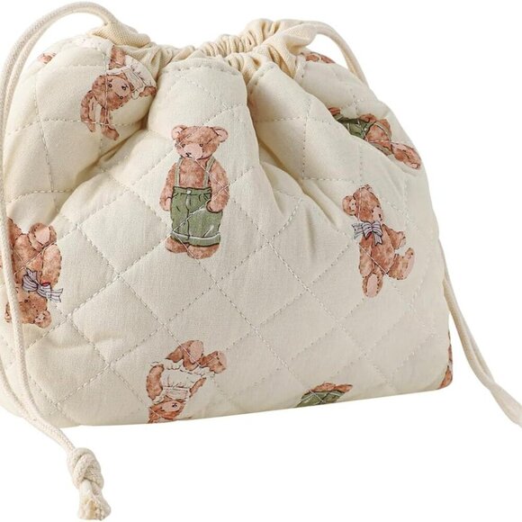 Handbags - Cotton Quilted Drawstring Makeup Bag with Canvas Lining,Coquette Aesthetic Cute